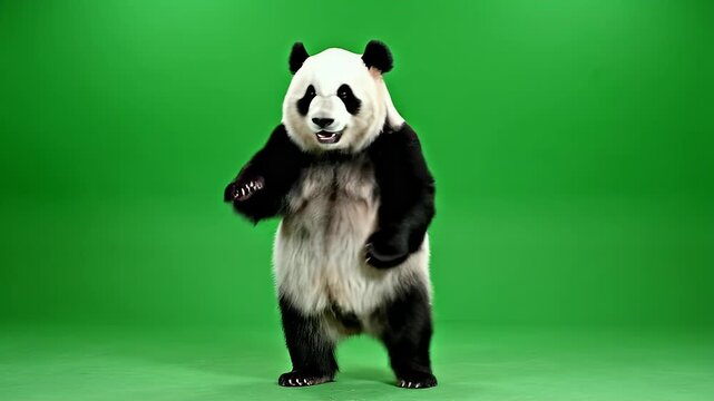 A playful panda stands against a vibrant green screen, appearing to dance with a joyful expression.