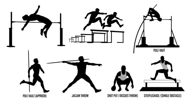 Track and field, athletic silhouettes, sports icons, vector illustrations