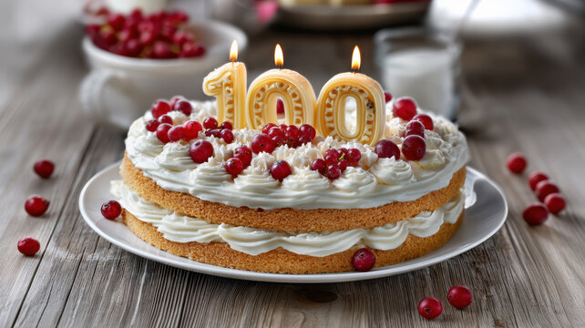 Birthday cake with burning candles showing number 100, symbol of longevity, long-lived person, centennial