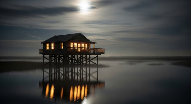 Wooden house on stilts in water under moonlight. Cabin over lake with light in window at night. Scenic landscape of stilt house in marsh reflection. Quiet rustic cottage getaway.