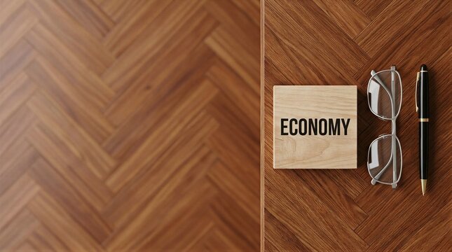 A pair of glasses sitting on top of a wooden block that says "Economy".