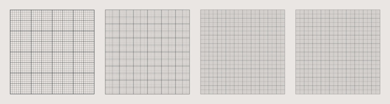 Square grid collection millimeter node geometry, four samples blueprint style. Fine lattice structure, interface layouts editorial compositions planning sheets dashboards digital technology graphics.