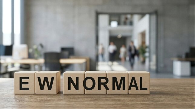 Three wooden blocks with the words "EW NORMAL" on them sit on a table.