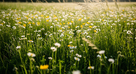 Fototapeta premium White daisies and yellow wildflowers in meadow