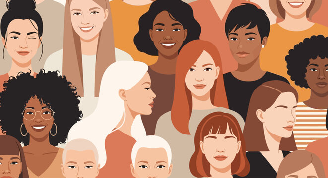 Diverse Women Faces, Female Crowd Illustration, People Vector, Multicultural Group
