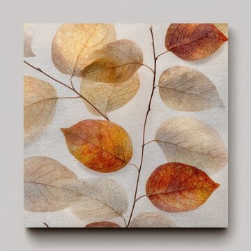 A ceramic tile with transparent autumn leaves embedded in a warm-toned design, showing detailed textures and a glossy surface ideal for elegant seasonal decor.