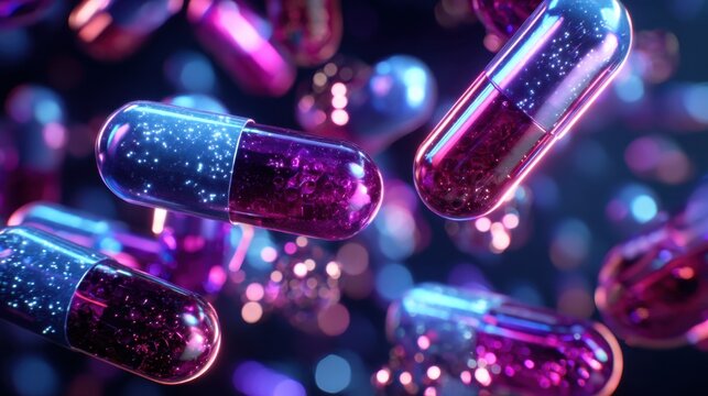 Pills transforming into glowing molecules representing drug development and pharmaceutical research, photorealistic CGI scene.