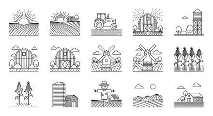 Farm, Agriculture, Rural, Icons, 16 Line Drawings, Black and White, Vector Illustrations, Farming, Landscapes, Symbols, Graphics © Shabana