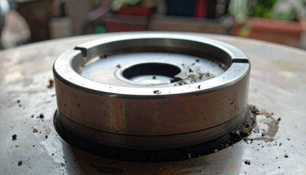 Metallic ashtray close up