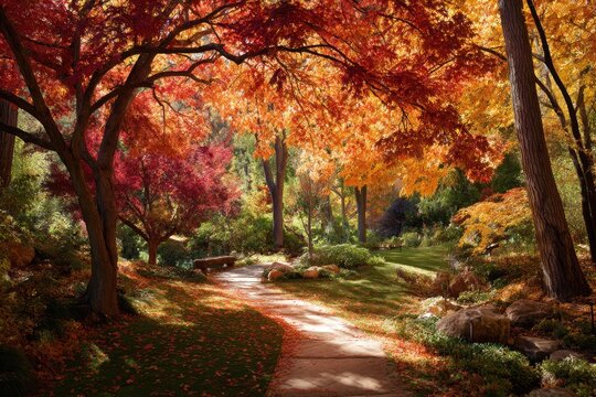 A winding park path surrounded by vibrant autumn trees and golden sunlight, filled with warmth and seasonal beauty.