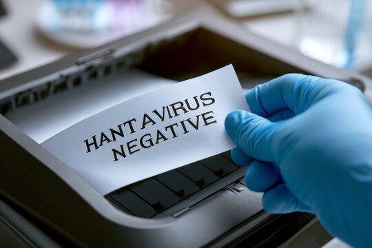 Gloved hand retrieving hantavirus negative test result from printer