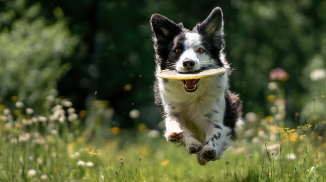 Dog catching a frisbee mid-air while running across a green field, photorealistic and dynamic slow-motion action scene.