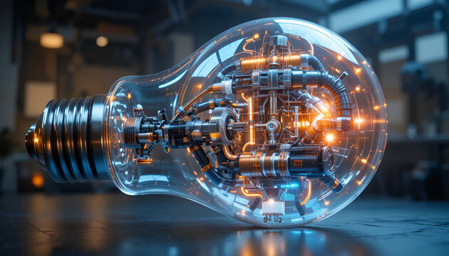 Lightbulb showcasing an elaborate interior of metallic tubes and wires lies on a dark workbench as orange sparks of energy pulse through the glass casing in a high-tech lab setting.