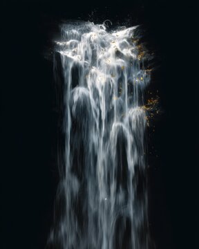 Isolated waterfall flowing against a black background with subtle autumn mist and motion, sharply defined and atmospheric.