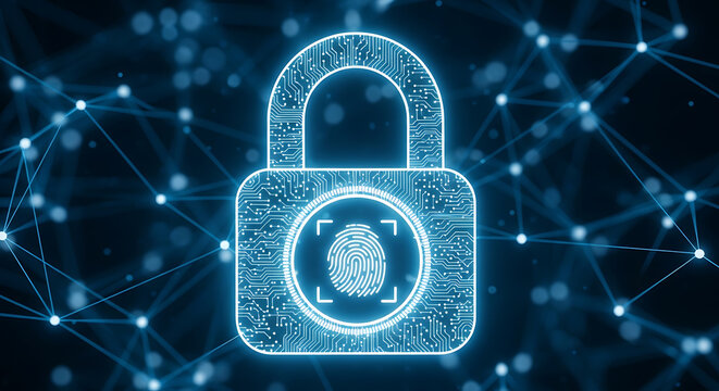 Digital padlock with a fingerprint scanner pattern integrated into a glowing circuit board against a dark blue network connection background