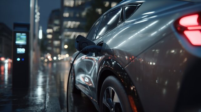An electric car charging at a city street station with the display showing battery percentage, photorealistic and detailed.