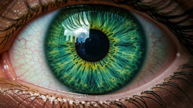 Vibrant Iris in Close-up: The image zooms in to capture a mesmerizing glimpse into the heart of a person's eye, showcasing the vivid hues of a green iris.
