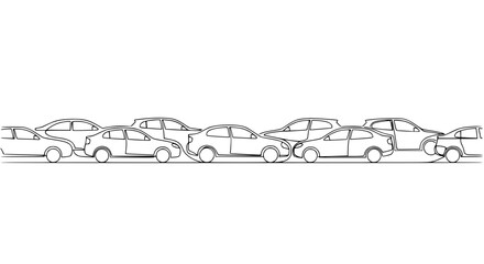 Fototapeta premium Line drawing of cars in traffic jam, white background, simple sketch, automotive illustration