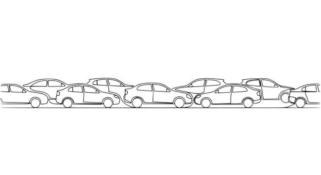 Line drawing of cars in traffic jam, white background, simple sketch, automotive illustration