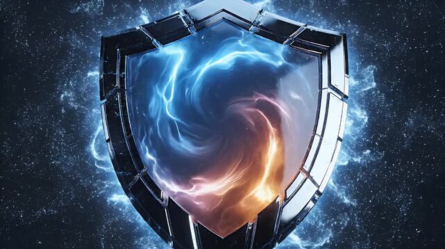 A futuristic, glowing shield with a swirling nebula inside is depicted against a dark, textured background, symbolizing protection and advanced technology.