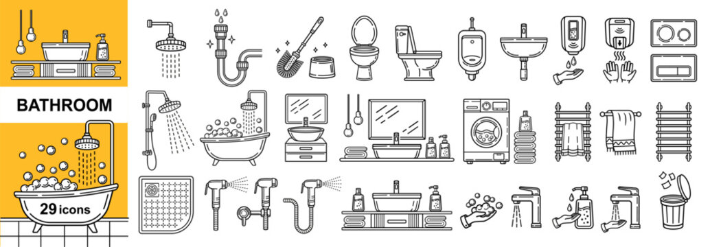 Bathroom toilet restroom plumbing. Washroom bath. Shower, bathtub, sink faucet, hand washing, flush water closet, urinal, hygiene bidet, heater towel, washbasin drain lavatory room equipment. Vector