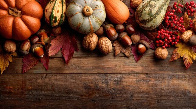 Rustic autumn banner with pumpkins, leaves, acorns, nuts, and berries on wood, warmly lit and perfect for seasonal design space.