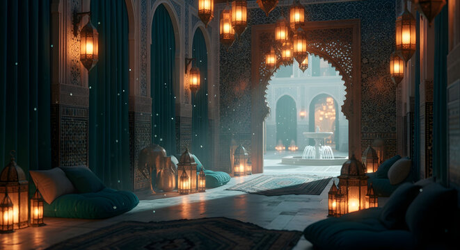 Moroccan interior with ornate lanterns and cushions