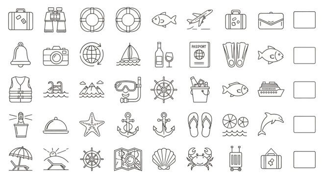 Beach, travel, summer icons, 40 line art symbols, vacation elements, black and white vector graphics