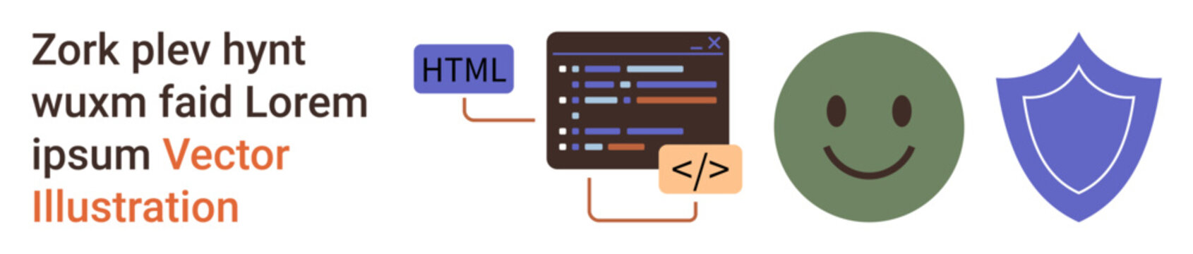Web development, cybersecurity, data protection, programming, coding education, online safety. Code interface with tags, green happy face security shield. Web development and cybersecurity concept