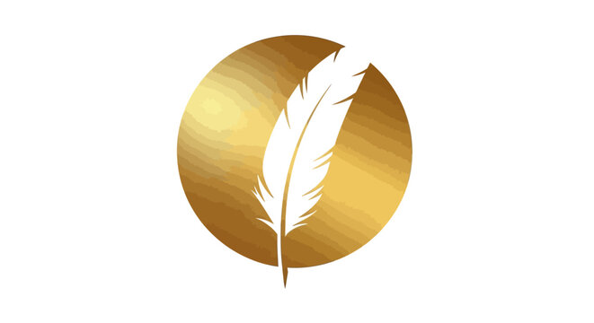Golden feather logo, luxury emblem, white feather icon, metallic circle badge