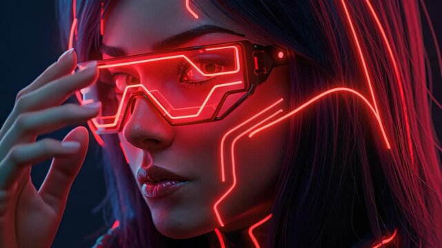 Cyberpunk Gaze: A captivating woman dons futuristic, neon-lit glasses, her expression hinting at a world of technological intrigue. Immerse yourself in the glow of the future.
