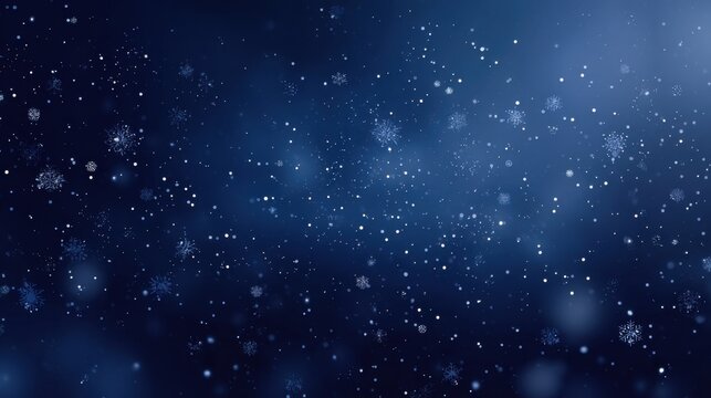 Snowflakes drift gently against a deep navy night sky, forming a serene and elegant winter scene with soft light and contrast.