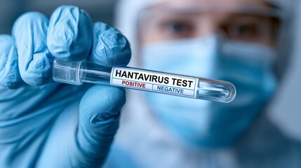 Obraz premium Medical professional holding hantavirus test tube with result options