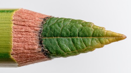 Fototapeta premium Green leaf pencil tip merging botanical texture, closeup studio macro showing wooden shaft with vivid veins, sharp natural point, subtle shadows, white background, concept prototype for sustainable