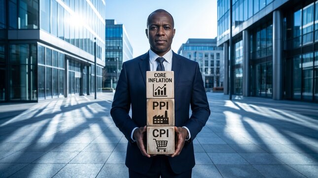 A businessman holding stacked blocks that represent economic concept in front of tall buildings