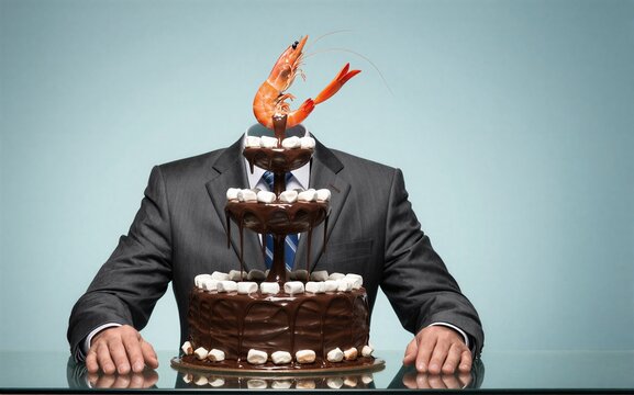 Man in suit with chocolate fountain and shrimp on head symbolizing
