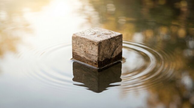A stone cube floats serenely on the water's surface, reflecting the surrounding light and shadows 