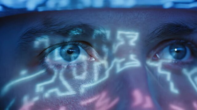 Closeup of human eyes with alien ufo symbols projected on face. Sci-fi contact concept. Futuristic visual of extraterrestrial contact, telepathic communication, UFO abduction scenario