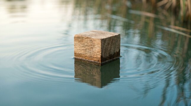 Stone cube floating on water, creating ripples. The cube is in the middle of water. It's minimalist and abstract