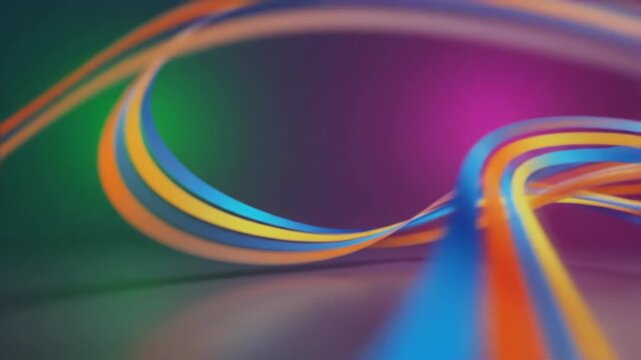 Abstract flowing ribbons of vibrant blue, orange, and yellow light create a dynamic and colorful visual display against a gradient purple background.