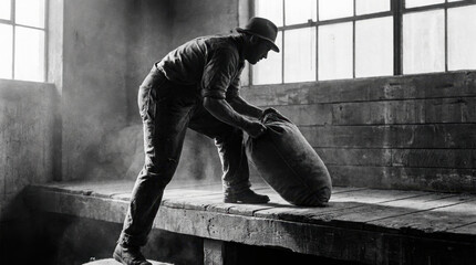 Fototapeta premium Rugged Worker Lifting Sack in Industrial Mill