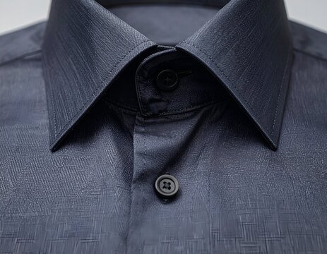 Close-up of a dark blue formal shirt, focusing on the collar and buttoned placket. Detailed fabric texture