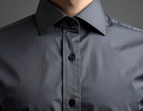 Close-up of a dark grey button-down shirt. The collar is open and the buttons are black