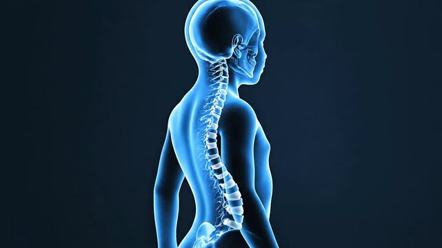 Pediatric Scoliosis Concept - Medical CGI Illustration of Spinal Column in Child's Silhouette Glowing Against Dark Background for Health Education