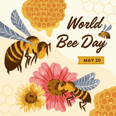 Naklejka premium World bee day Watercolor card. Honey bee collect pollen from flower. Honeybee day banner. Vector flat illustration poster, flyer, social media post, awareness campaign, educational announcement