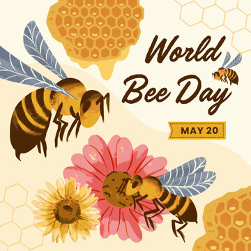 World bee day Watercolor card. Honey bee collect pollen from flower. Honeybee day banner. Vector flat illustration poster, flyer, social media post, awareness campaign, educational announcement