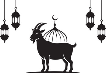 Eid aladha goat silhouette with mosque dome and hanging lanterns © Jaman_Visual