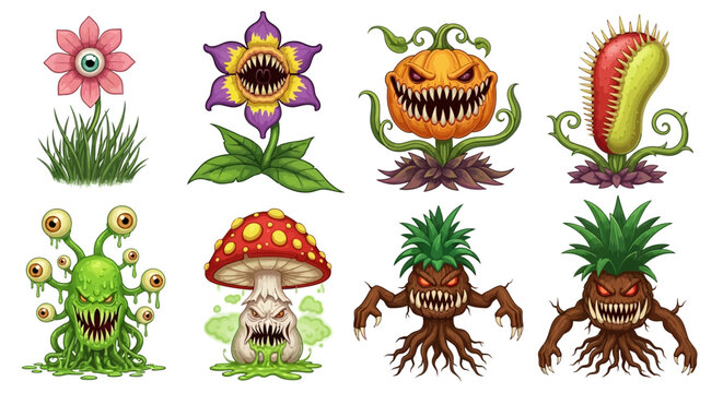 Monster plants, creepy flora, zombie flowers, vector illustrations, 8 elements