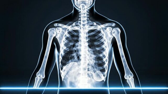 Seamless Loop CGI Radiographic Scanning Effect Of Human Skeleton With Blue Light On Dark Background