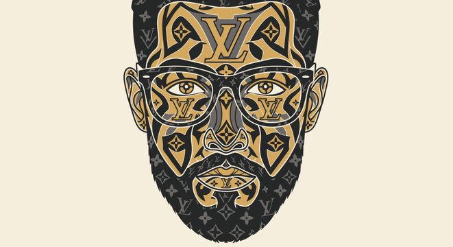 Man's Face with Luxury Monogram Pattern Tattoos and Glasses, Hipster Style